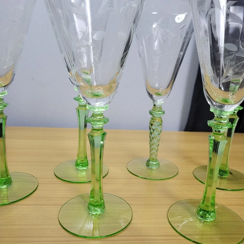 Vintage Uranium Etched Floral Stemware Glass Set of 6 Wine Goblet Optic